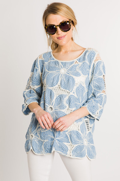 Embroidered Blooms Top, Blue