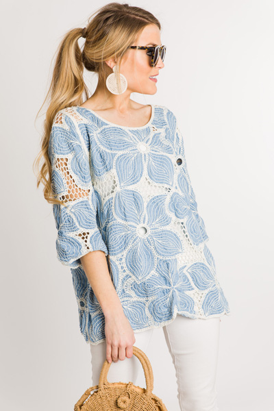 Embroidered Blooms Top, Blue