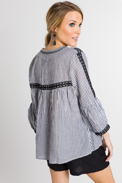 Stripes Embroidered Top, Black