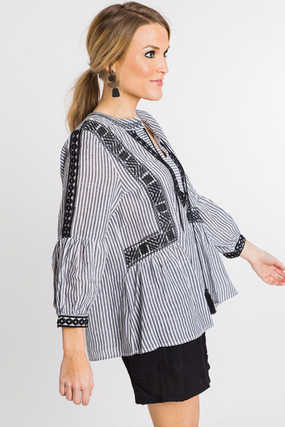 Stripes Embroidered Top, Black