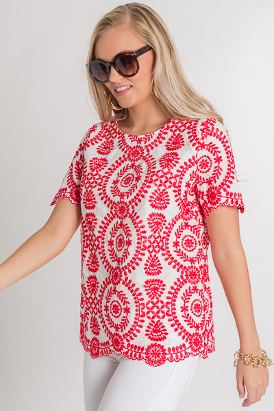 Embroidered Vines Top, Red