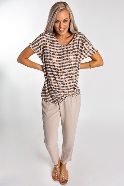 Tie Dye Twist Top, Taupe - Short Sleeve & Sleeveless - Tops - The Blue Door Boutique