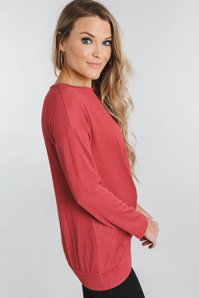 Ribbed Twist Pullover, Rust