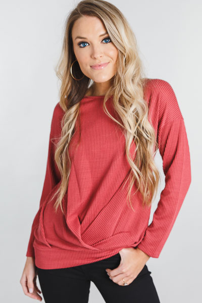 Ribbed Twist Pullover, Rust