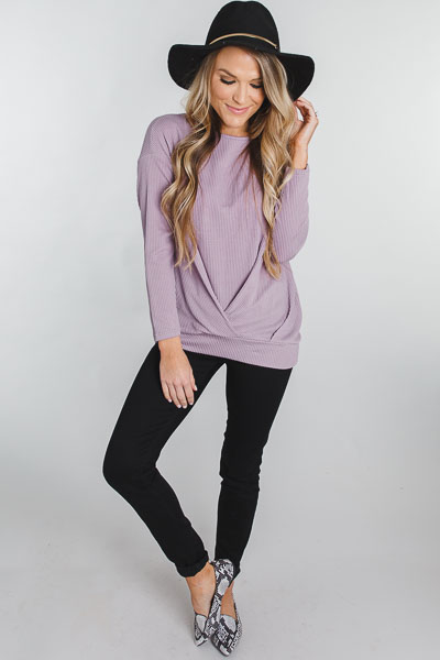 Ribbed Twist Pullover, Lavender