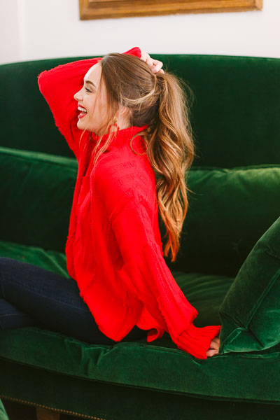 Distressed Sweater Turtleneck, Red