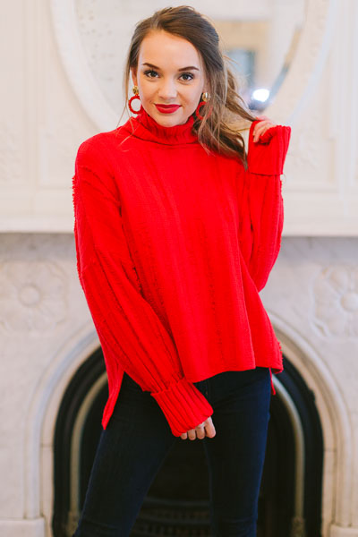 Distressed Sweater Turtleneck, Red