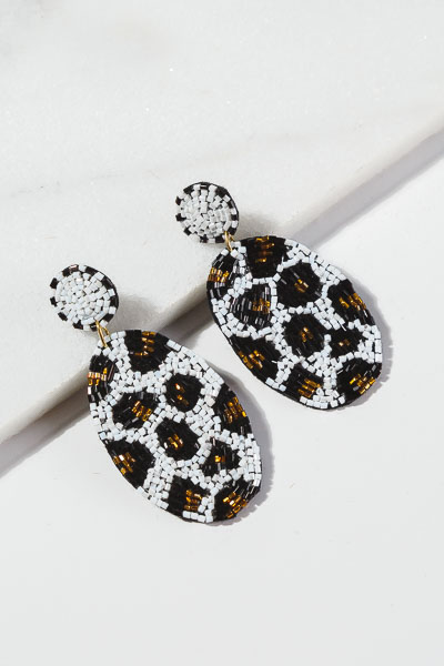 Beaded White Leopard Earrings