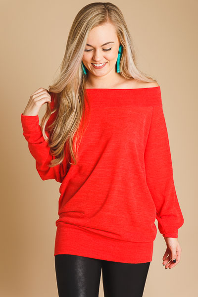 Banded Off Shoulder Tunic, Cherry