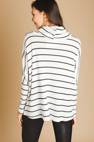 Striped Waffle Cowl Top, White