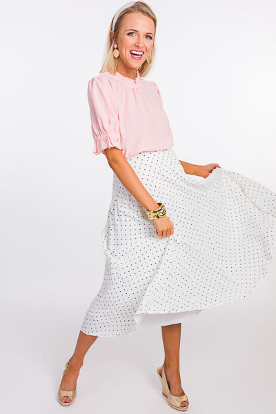 Pleated Dot Midi Skirt, Off White