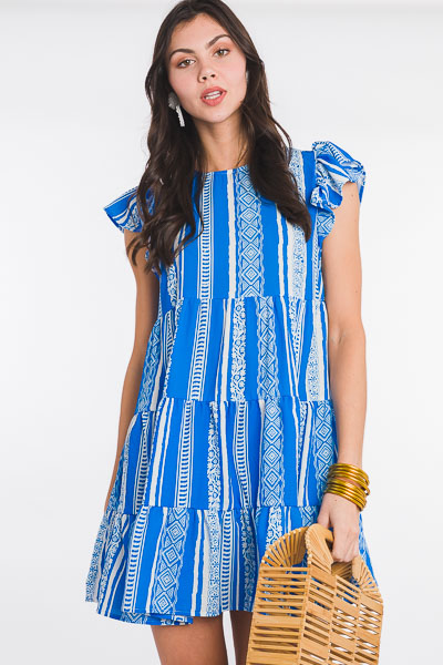 Multi Stripe Tiered Dress, Blue