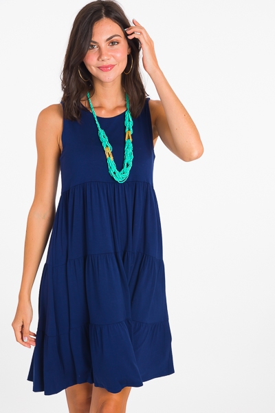 Stretchy Tiered Dress, Navy