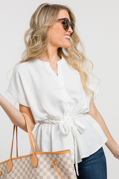 Halife Women's Peplum Tops - Elastic Tie Waist Button Down Blouse