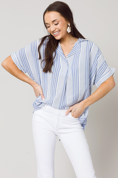 Striped Button Back Top, Blue