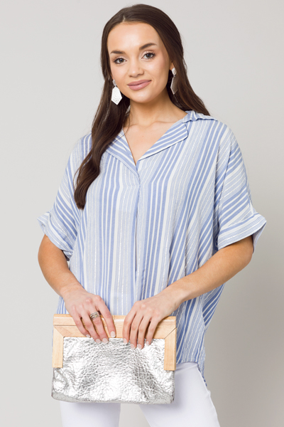 Striped Button Back Top, Blue