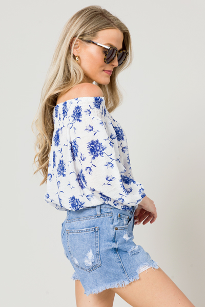 Banded Floral OTS Top, White/Blue