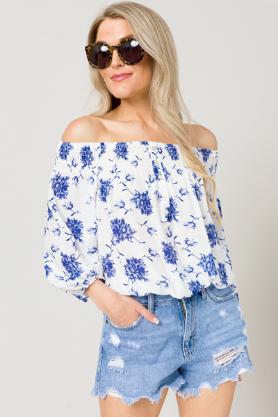 Banded Floral OTS Top, White/Blue