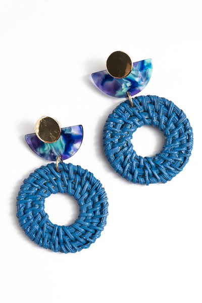 Acrylic & Rattan Circle Earrings, Blue