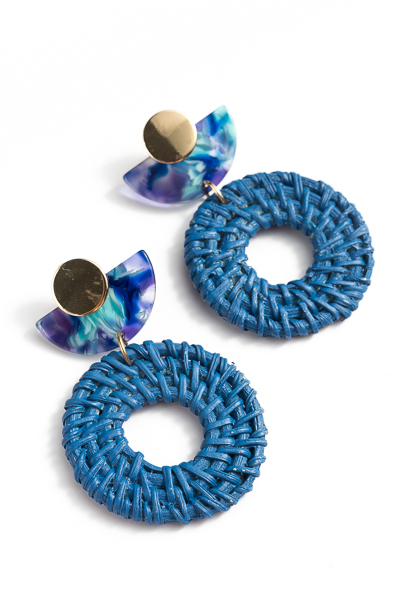 Acrylic & Rattan Circle Earrings, Blue