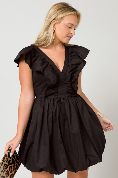 Poplin Ruffle Bubble Dress, Black