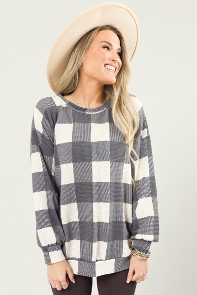 Knit Plaid Pullover, Charcoal