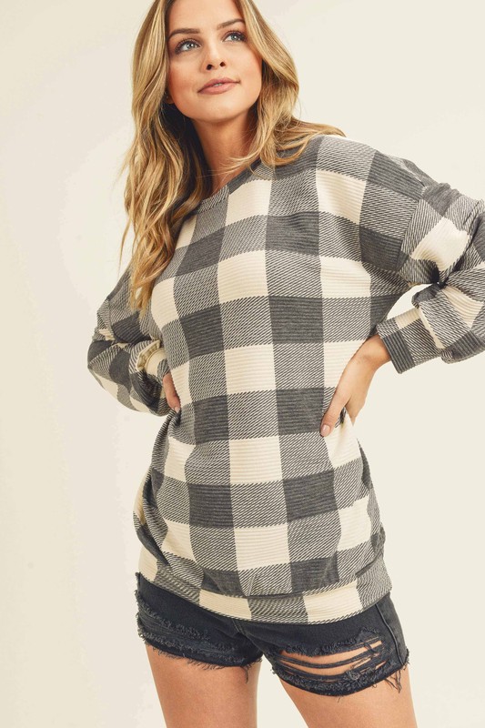 Knit Plaid Pullover, Charcoal