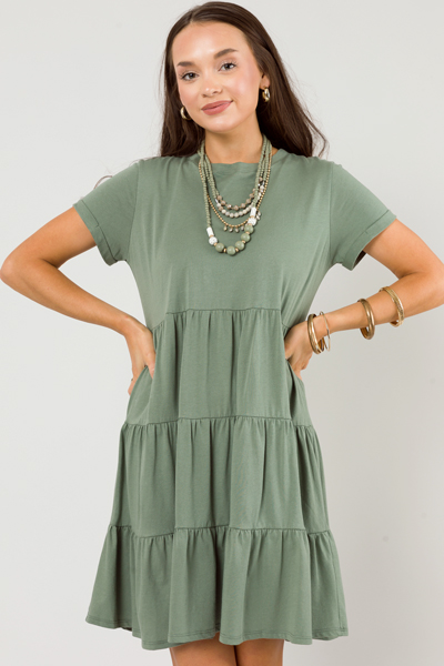 Cotton Knit Tier Dress, Olive