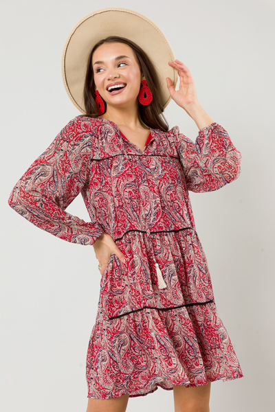 Tiered Paisley Dress, Red