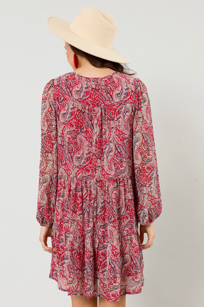 Tiered Paisley Dress, Red