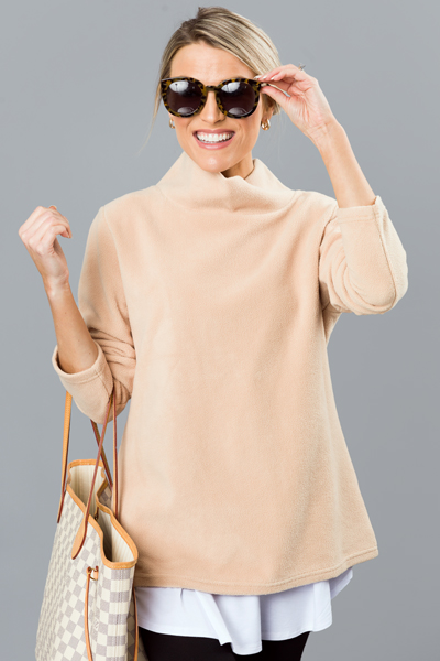 Fleece Mock Neck Pullover, Tan