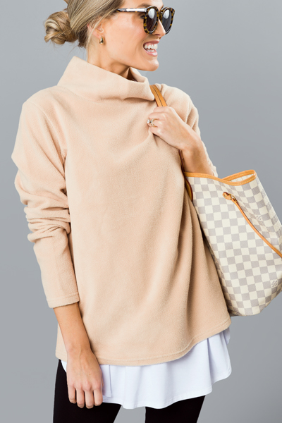 Fleece Mock Neck Pullover, Tan