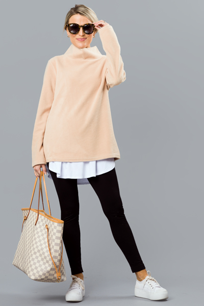 Fleece Mock Neck Pullover, Tan