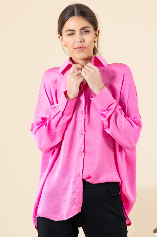 Drop Shoulder Button Up, Hot Pink