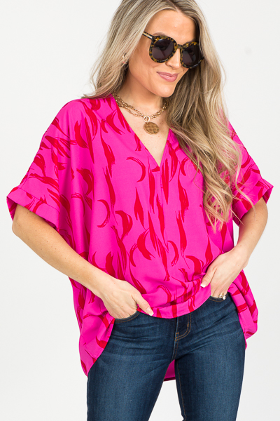 Feather Boxy Blouse, Hot Pink/Red