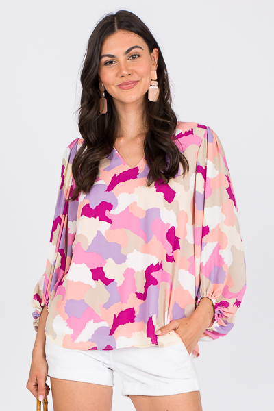 Necessary Bubble Blouse, Pink Abstract