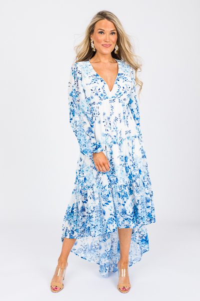 Hi-Lo Blooms Dress, Ivory Blue