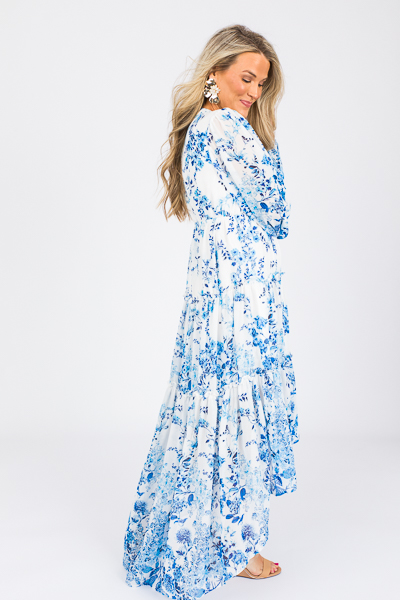 Hi-Lo Blooms Dress, Ivory Blue