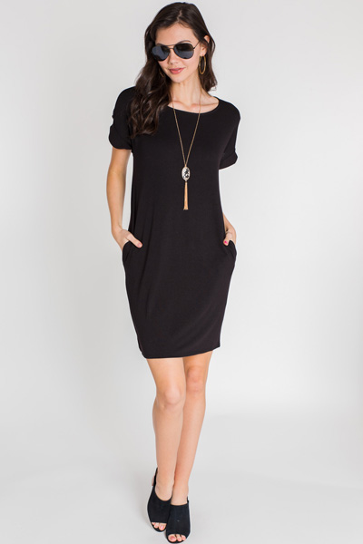 Rolled Sleeve T Shirt Dress, Black