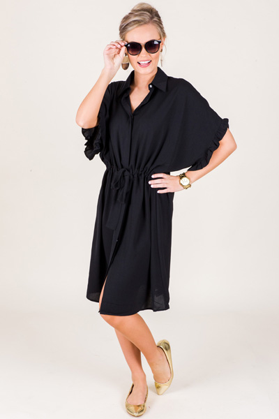 Drawstring Shirt Dress, Black