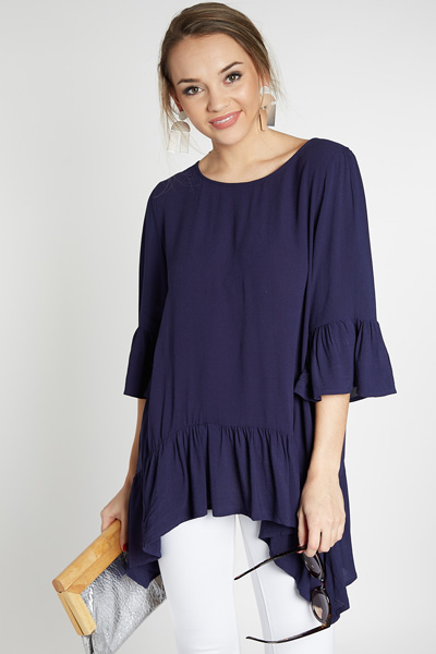 Shark Bite Ruffle Top, Navy