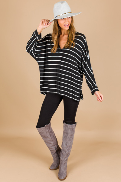 Drop Shoulder Stripe Top, Black
